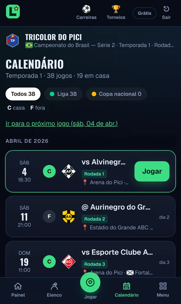 Calendário de jogos com cores por competição